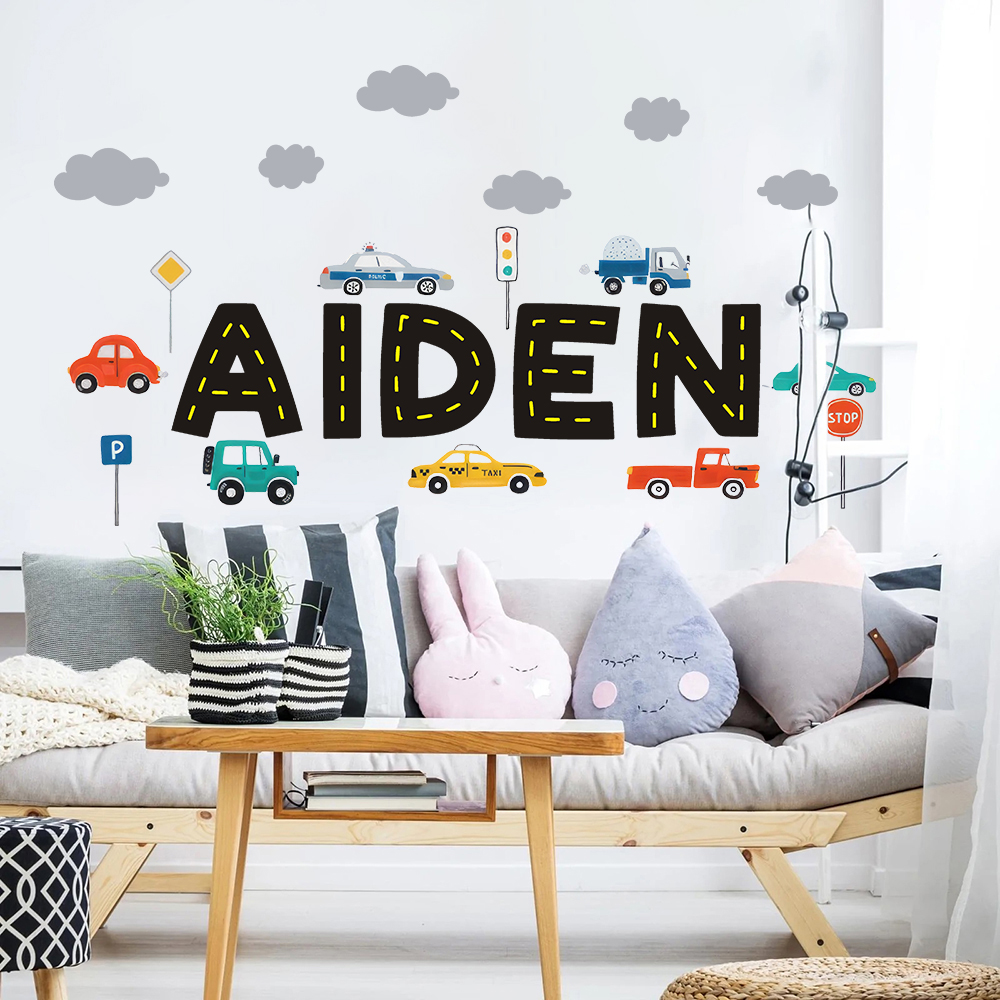 Baby Nursery Set Furniture - Custom Name Construction Vehicles Truck Wall