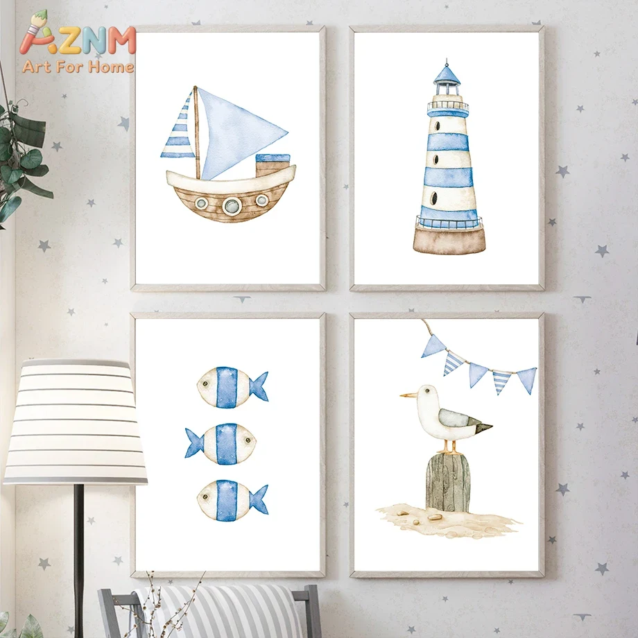 Baby Nursery Posters - Sailboat Lighthouse Fish Nautical Nursery Posters