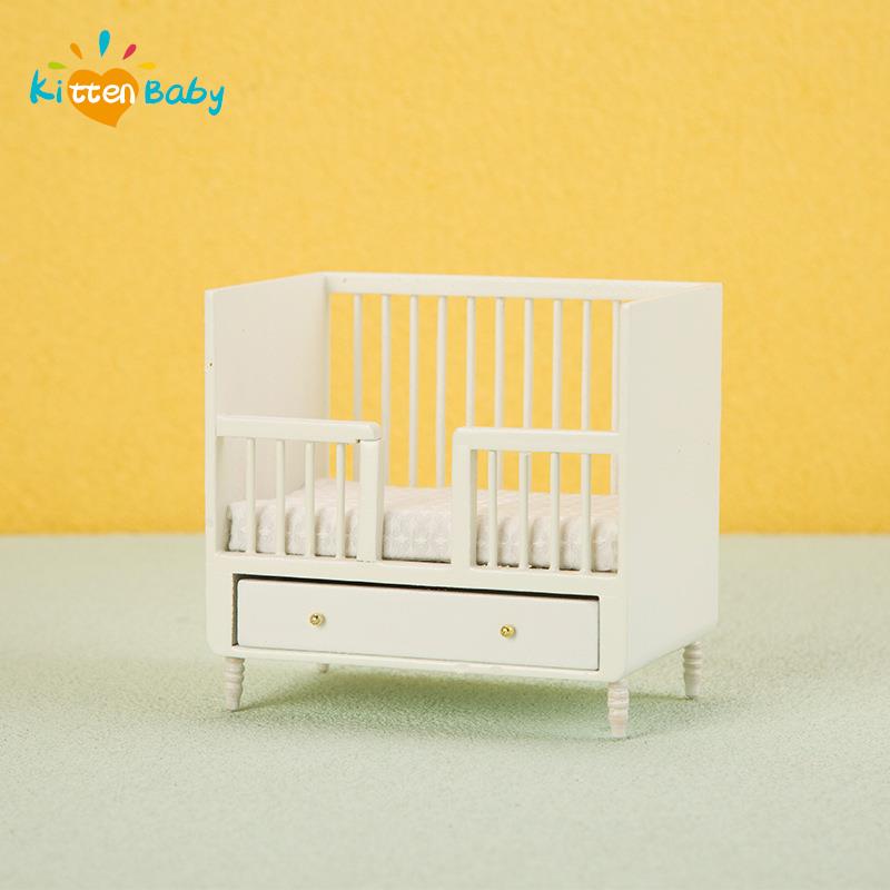 Baby Nursery Set Furniture - 1:12 Miniature White Wood Baby Crib