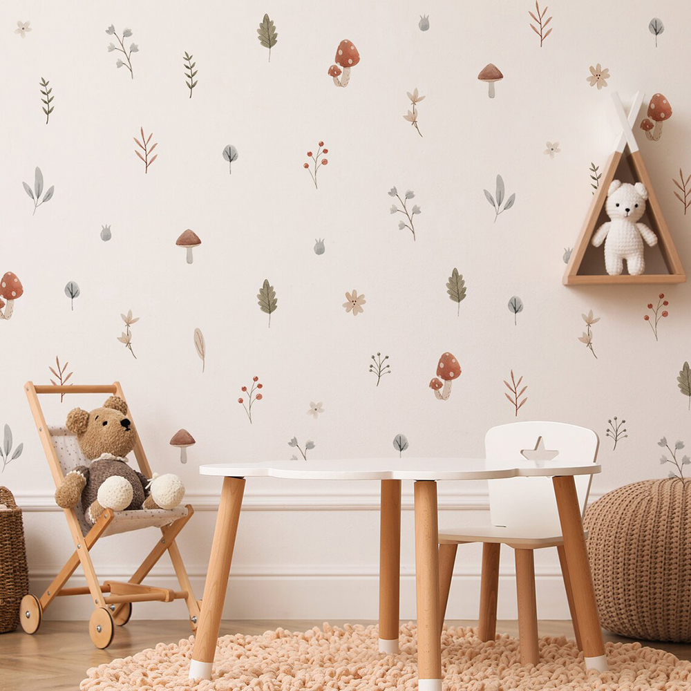 Baby Nursery Set Furniture - Boho Cartoon Mushroom Branch Leaves Flowers