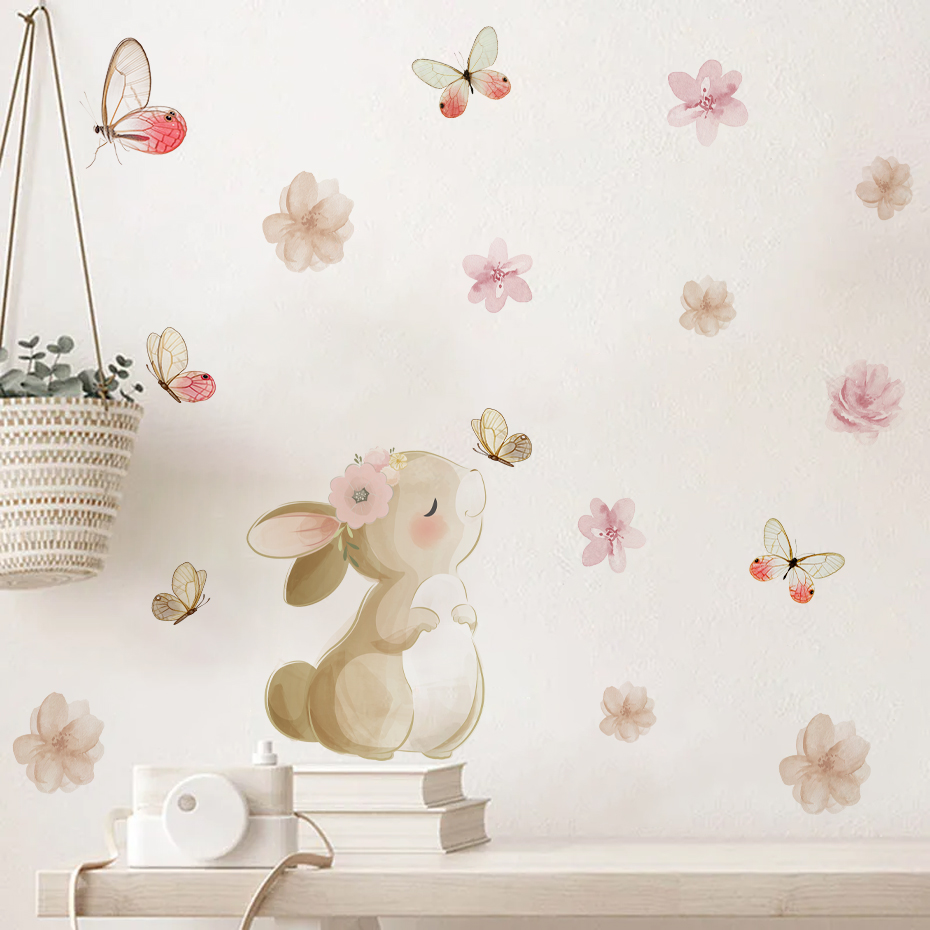 Baby Nursery Set Furniture - Cartoon Rabbit Flowers Butterfly Wall Sticker