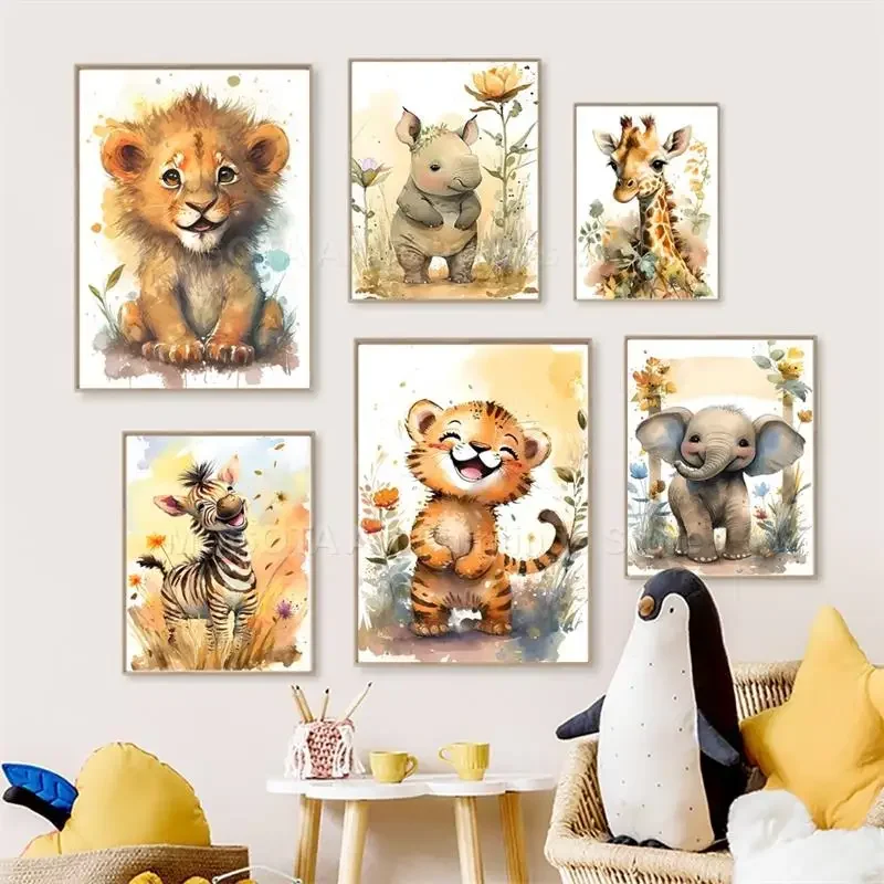 Baby Nursery Things - Watercolor Lion Giraffe Tiger Elephant Zebra