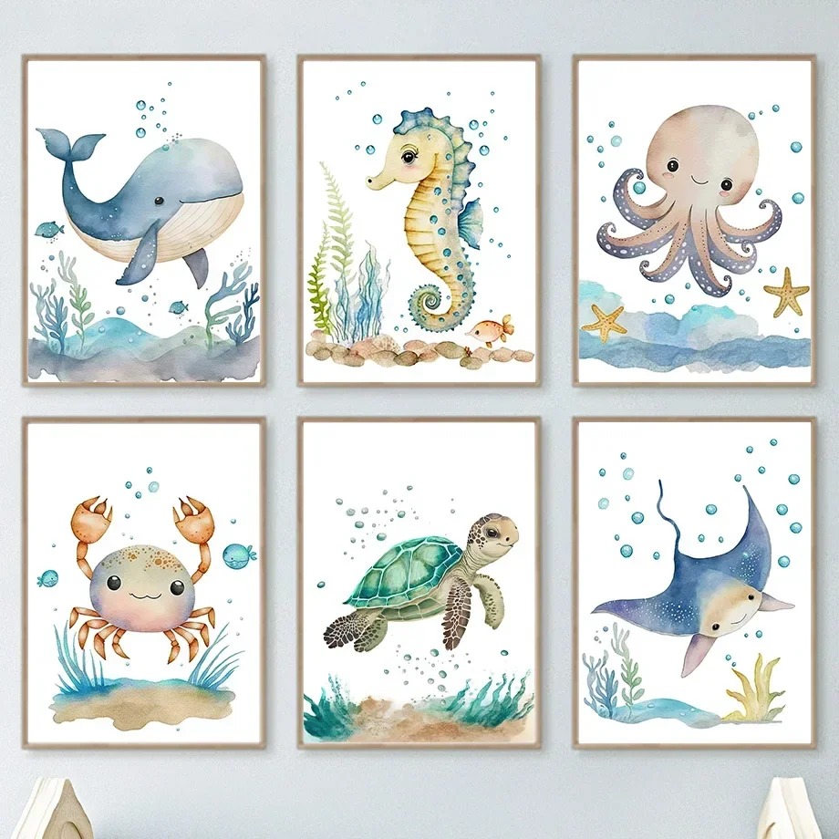 Baby Nursery Posters - Cute Whale Sea Horse Octopus Crab
