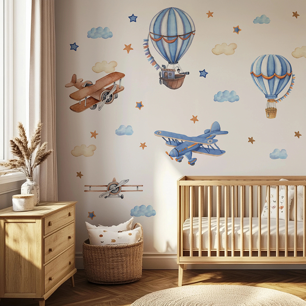 Baby Nursery Things - Cartoon Airplanes Hot Airballoon Wall Stickers