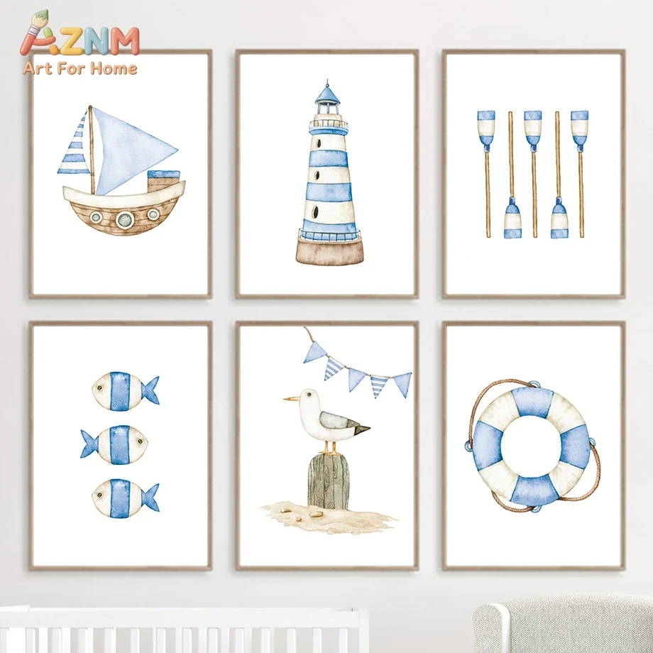 Sailboat Lighthouse Fish Nauti - огляд і ціна Baby Nursery Posters