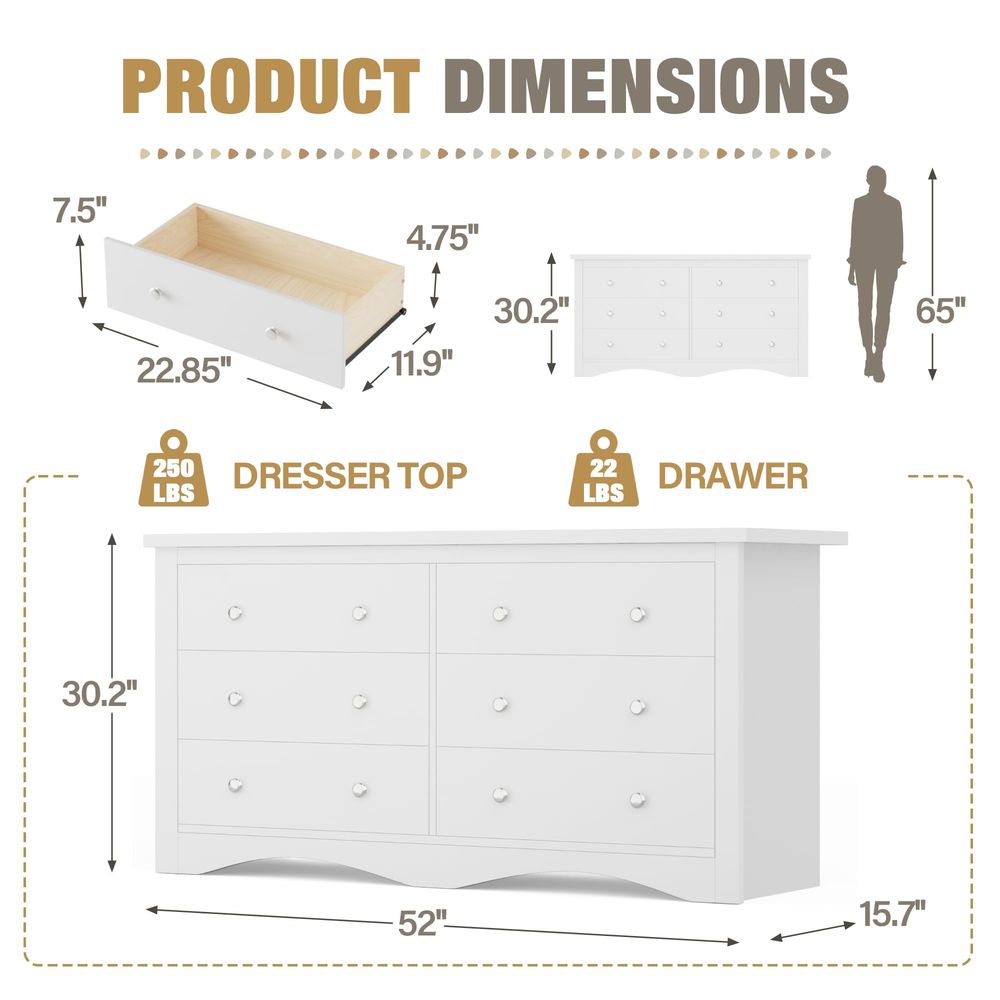 Dresser for Bedroom with 6 Dra - огляд і ціна Drawer Dresser White