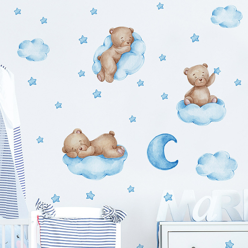 Cartoon Blue Teddy Bear Moon W - огляд і ціна Baby Nursery Wallpaper Girl