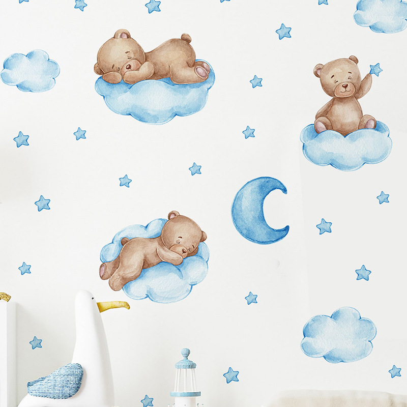 Cartoon Blue Teddy Bear Moon W - огляд і ціна Baby Nursery Wallpaper Girl