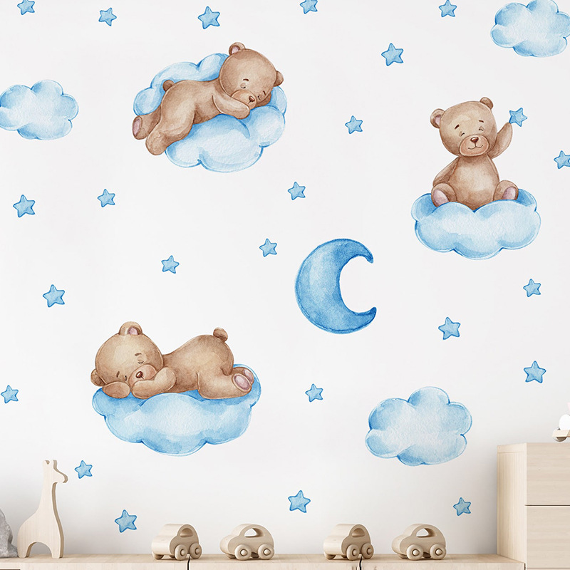 Cartoon Blue Teddy Bear Moon W - огляд і ціна Baby Nursery Wallpaper Girl